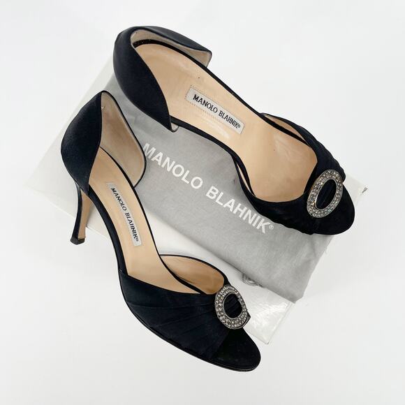Manolo Blahnik y2k Black Satin Sedaraby Crystal D’Orsay Peep Toe Heels IT 41 - Picture 1 of 14
